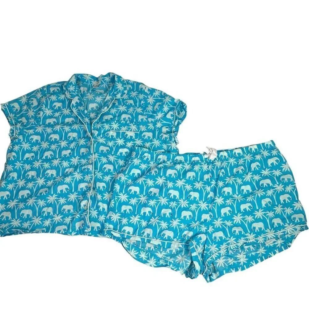 J. Crew 3X Blue Cotton Pajama Short Set Elephant Print
